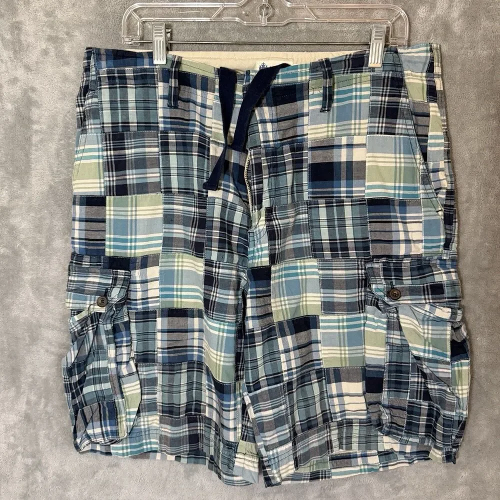 J.Crew Mens 32 Blue Patchwork Madras Plaid Cargo Shorts Beachy 100% Cotton